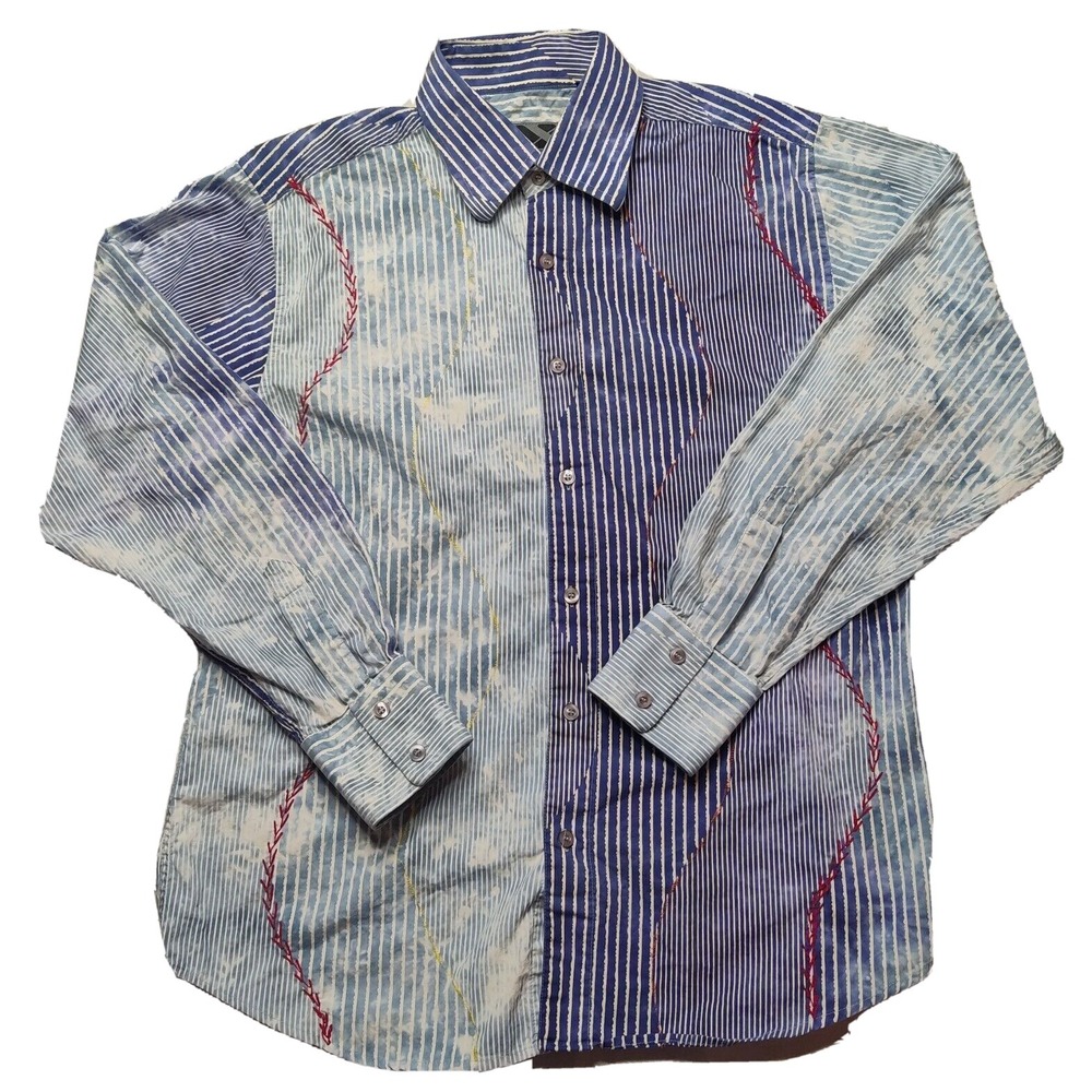 MBX‎ Men Medium Mix-Match Blue Bleach Dye Embordered Cotton Button Shirt
